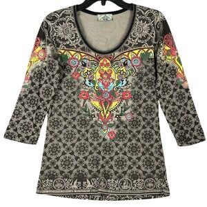 Vanilla Sugar Top Size S Graphic 3/4 Sleeve Boho Chic Festival Grunge Fairy Goth